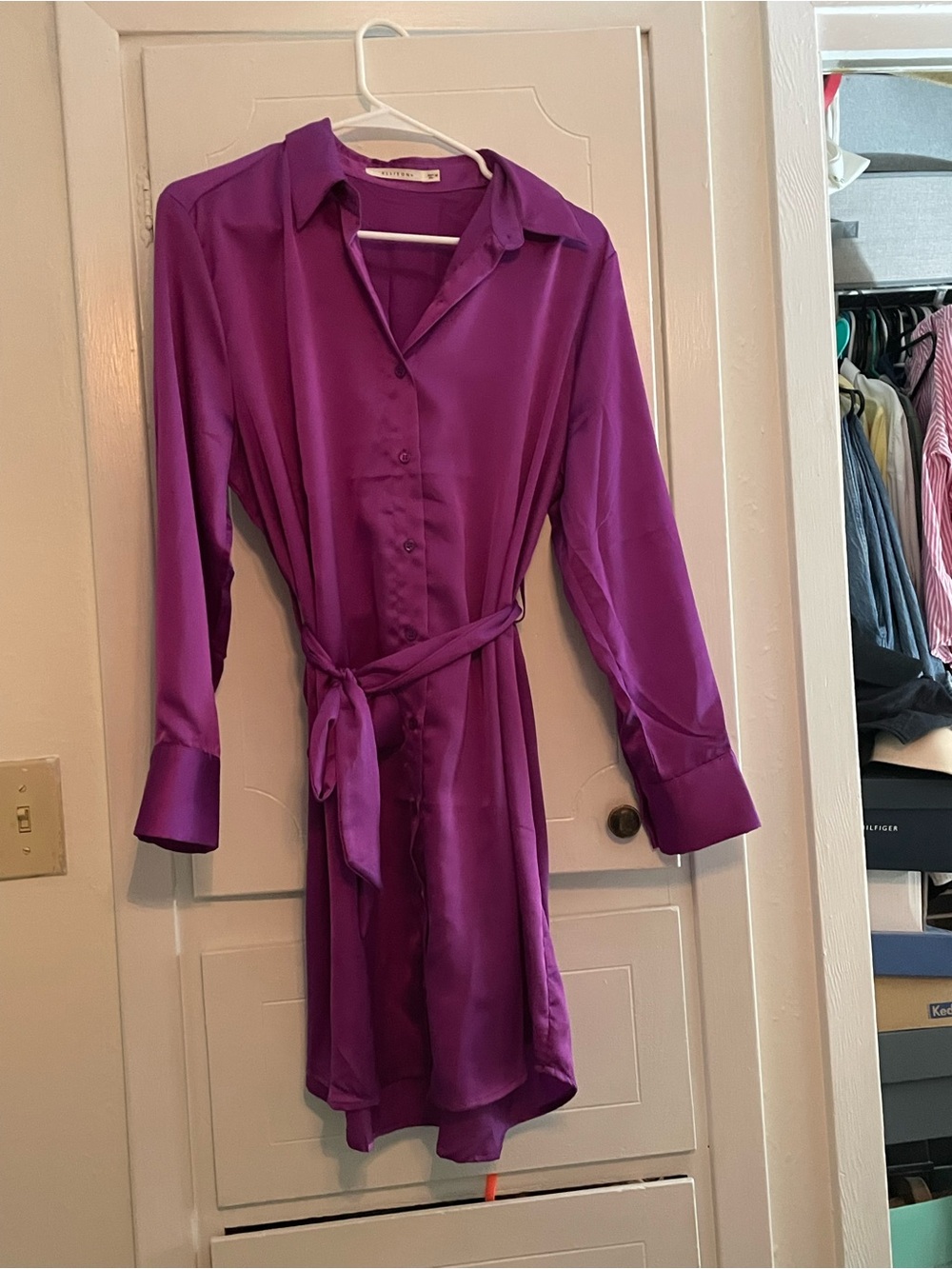 Silky Purple Button-Front Shirt Dress with Tie Waist
